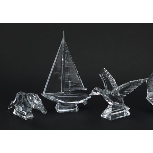 2485 - Five crystal paperweights by J G Durand including two boat design example, the largest 21.5cm high