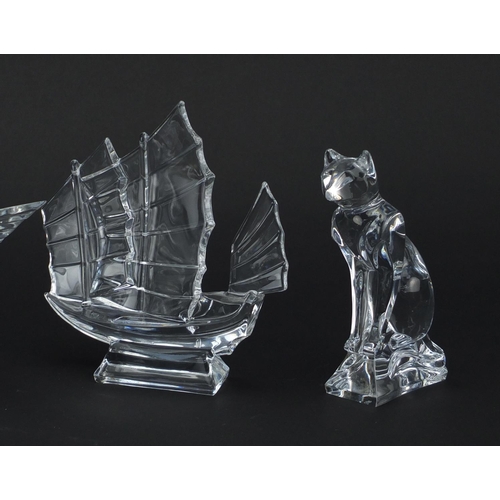 2485 - Five crystal paperweights by J G Durand including two boat design example, the largest 21.5cm high