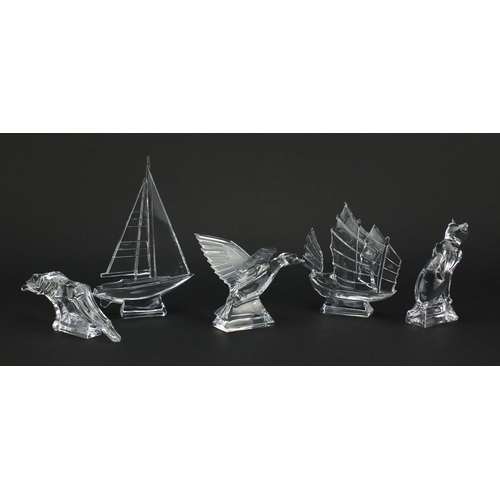 2485 - Five crystal paperweights by J G Durand including two boat design example, the largest 21.5cm high