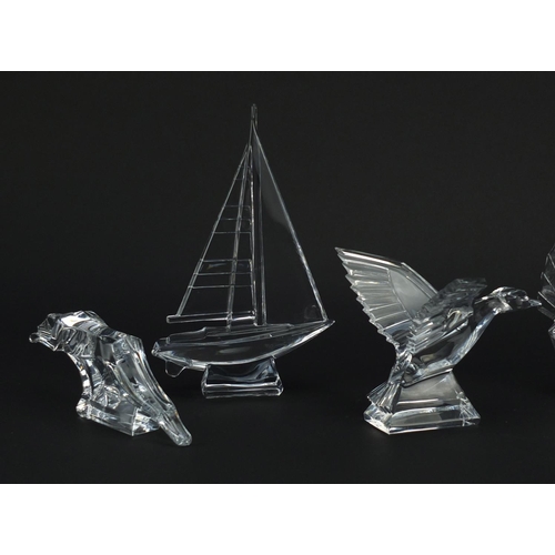 2485 - Five crystal paperweights by J G Durand including two boat design example, the largest 21.5cm high