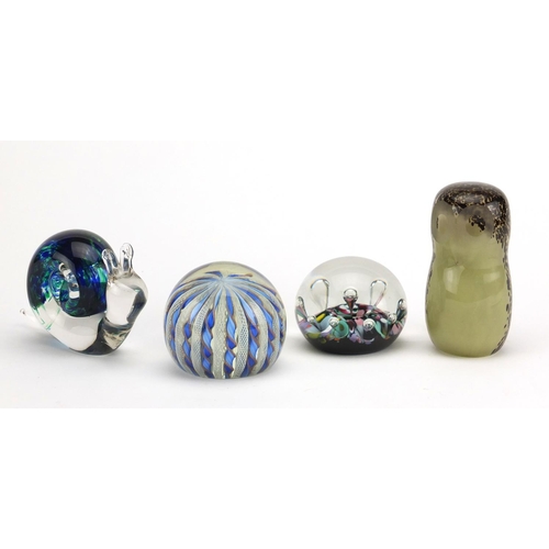 2344 - Four glass paperweights including Wedgwood snail and owl examples, the largest 12cm high