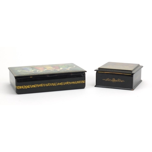 2821 - Two Russian papier-mâché lacquered boxes, one hand painted with five young females, the other with a... 