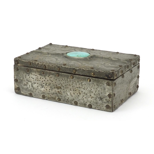 2290 - Arts & Crafts pewter mounted box, the hinged lid inset with a Ruskin panel