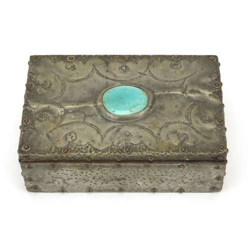 2290 - Arts & Crafts pewter mounted box, the hinged lid inset with a Ruskin panel