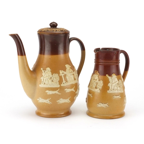2397 - Royal Doulton stoneware hunting scene coffee pot and water jug, the largest 24.5cm high