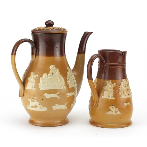 2397 - Royal Doulton stoneware hunting scene coffee pot and water jug, the largest 24.5cm high