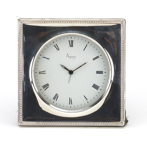 2844 - Silver mounted clock retailed by Asprey, hallmarked London 1988, 11.5cm high