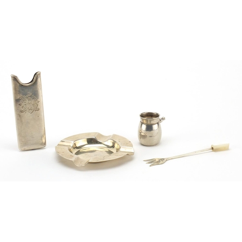 2855 - Silver objects including an ashtray, pickle fork and rectangular case, various hallmarks, the larges... 