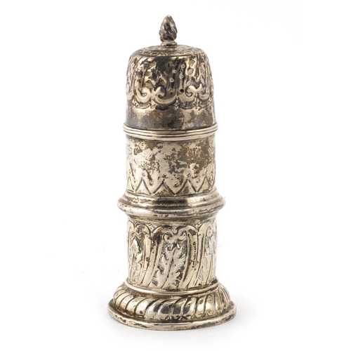 2842 - Silver caster with embossed decoration, incomplete makers mark Birmingham 1907, 10.5cm high, approxi... 