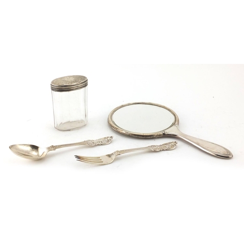 2866 - Silver items comprising Victorian Christening fork and spoon, hand mirror and cut glass jar with sil... 