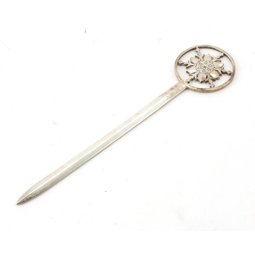 2858 - Silver letter opener with snowflake handle, indistinct makers mark London 1949, 17cm in length, appr... 