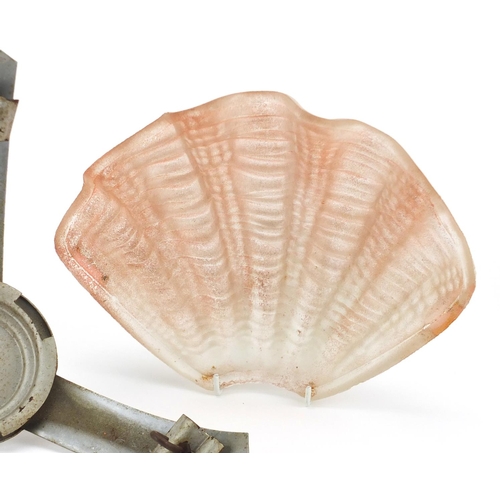 2252 - Pair of Art Deco peach glass shell shades and a chrome mount, each shade 25.5cm wide