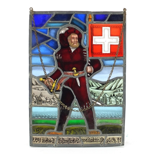 2173 - Rectangular German leaded glass panel, hand painted with a figure holding a sword before a landscape... 