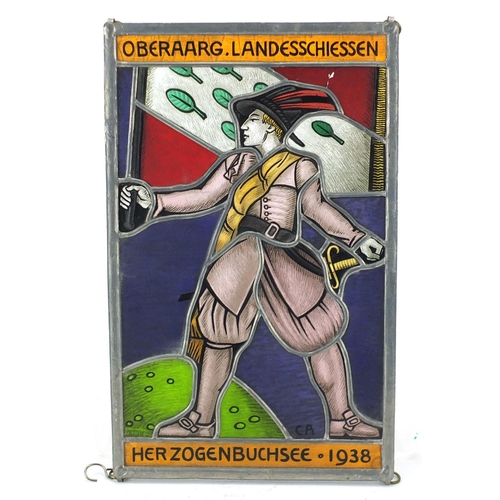 2174 - Rectangular German leaded stain glass panel, hand painted with a figure holding two swords, indistin... 