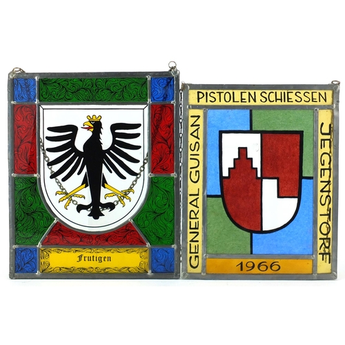2177 - Two rectangular German leaded stained glass panels, hand painted with coat of arms, the largest 24.5... 