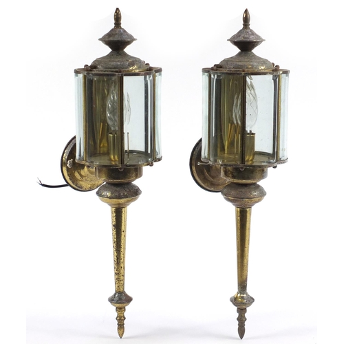 2158 - Pair of brass carriage type lanterns with bevelled glass panels, each 65cm high