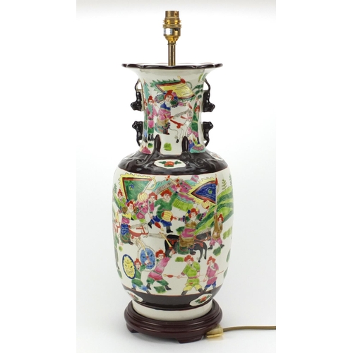 2258 - Large Chinese porcelain vase table lamp, hand painted with figures and warriors in a  landscape, 56c... 