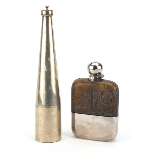 2780 - Silver plated hunting flask and a leather and glass hip flask with silver plated cup and mount, the ... 