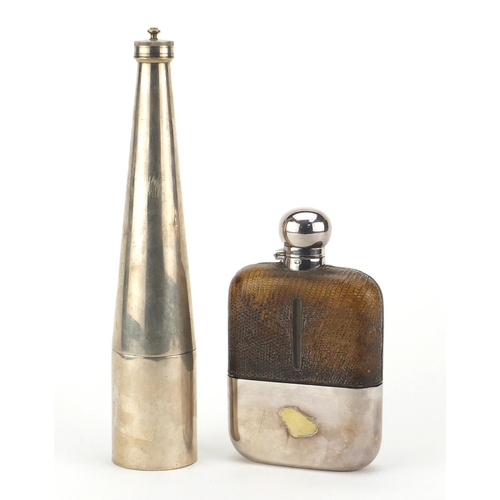 2780 - Silver plated hunting flask and a leather and glass hip flask with silver plated cup and mount, the ... 