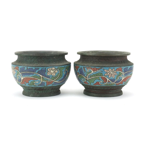 2438 - Pair of Japanese bronzed and champlevé enamel planters, enamelled with a continuous band of flowers ... 