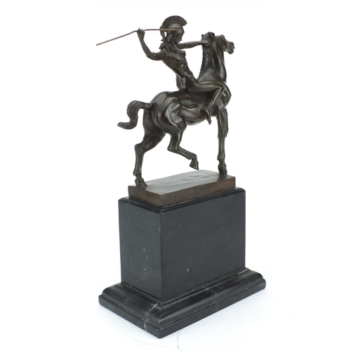 2183 - Patinated bronze study of a gladiator on horseback, raised on a rectangular black slate base, 38cm h... 