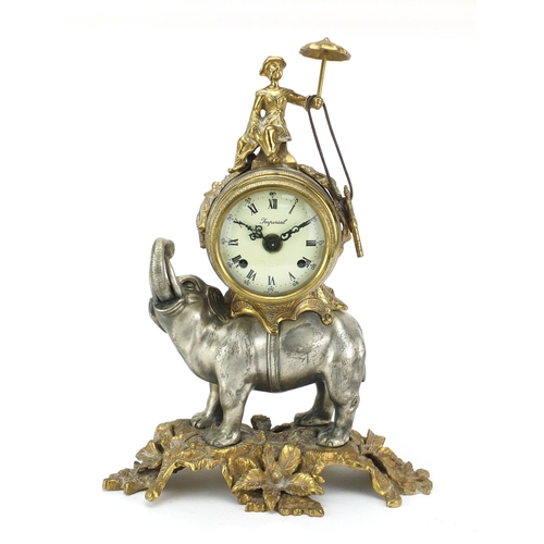 2382 - Bronzed elephant design Imperial mantel clock striking on a bell, the drum clock having an enamelled... 