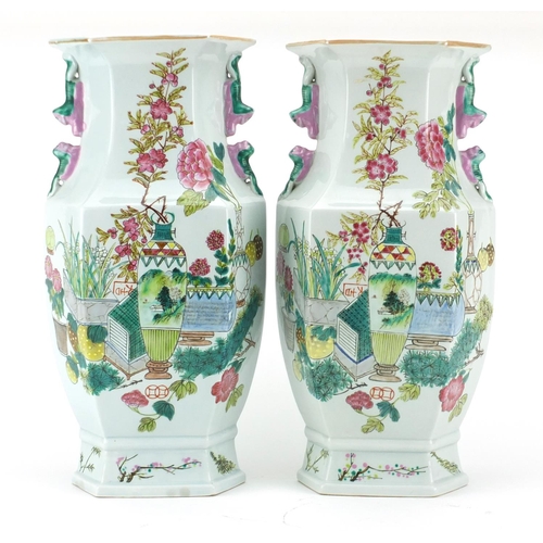 2261 - Large pair of Chinese porcelain vases with twin handles and hexagonal bodies, each hand painted in t... 