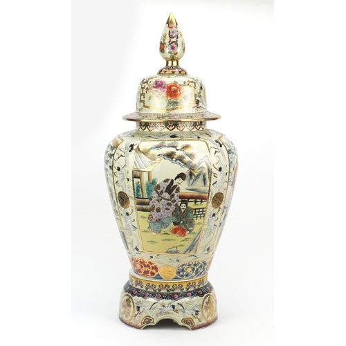 2157 - Large Chinese porcelain jar and cover on stand, hand painted and gilded with figures, birds of parad... 