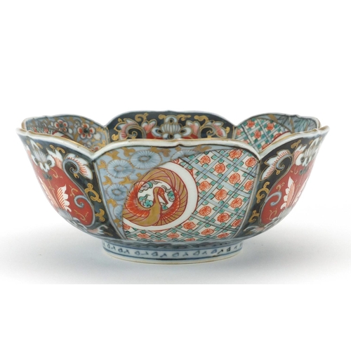 2354 - Japanese Imari porcelain flower head bowl, hand painted with a river landscape, birds of paradise an... 