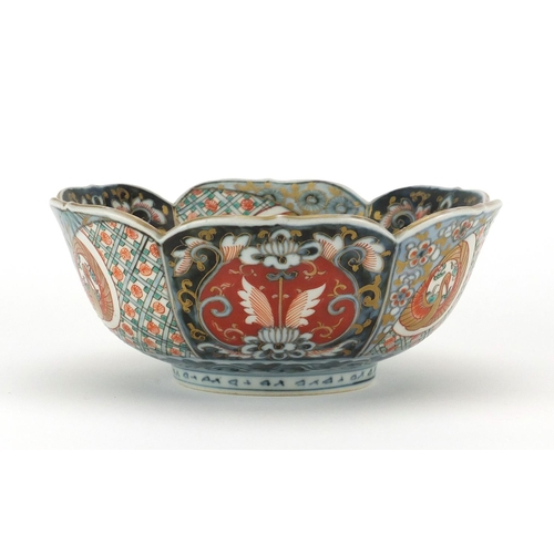 2354 - Japanese Imari porcelain flower head bowl, hand painted with a river landscape, birds of paradise an... 