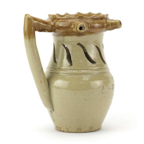 2431 - 19th century salt glazed puzzle jug with impressed motto, 'Gentleman drink and Let your skill be tes... 
