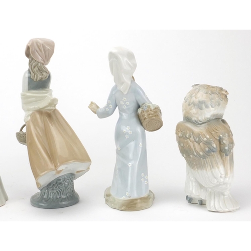 2619 - Three Nao figures, an owl and two others, the largest 25cm high