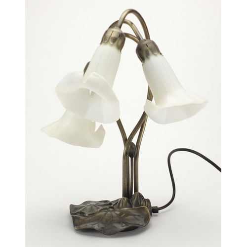 2541 - Bronzed metal Lily table lamp with three glass shades, 40cm high