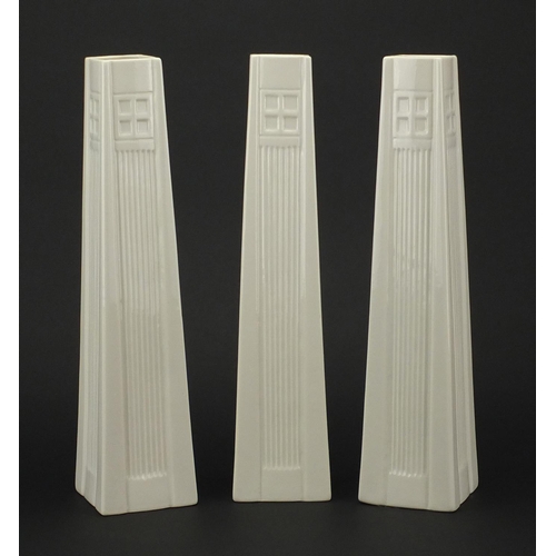 2424 - Three Belleek Rennie Mackintosh design vases with box, each 33cm high