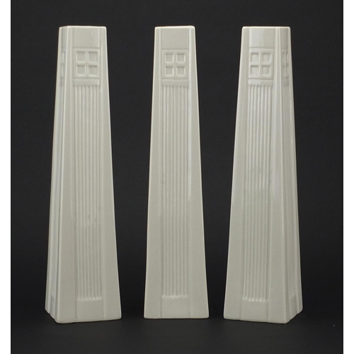 2424 - Three Belleek Rennie Mackintosh design vases with box, each 33cm high