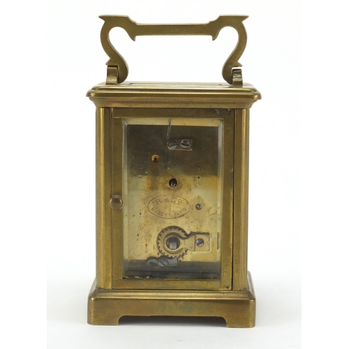 2479 - French brass cased carriage clock with Roman numerals by R & Co, 11cm high