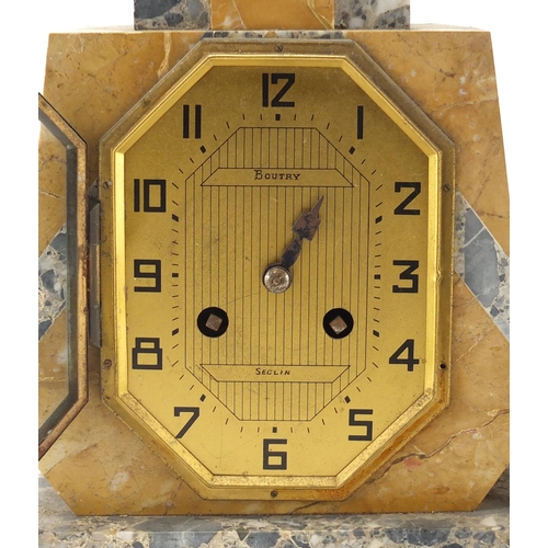 2281 - Art Deco marble and bronzed Alsatian mantel clock, the octagonal dial with Arabic numerals and named... 