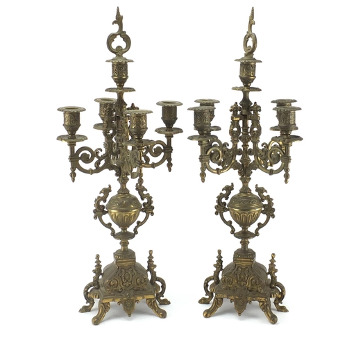 2190 - Pair of ornate gilt brass five branch candelabras, each 52cm high