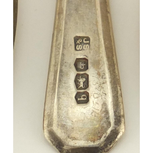 2870 - Two sets of six silver teaspoons, Sheffield hallmarks, the largest 13cm in length, approximate weigh... 
