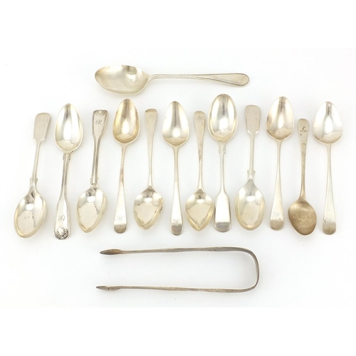 2869 - Thirteen Georgian and later silver spoons and pair of bright cut sugar tongs, various hallmarks, the... 