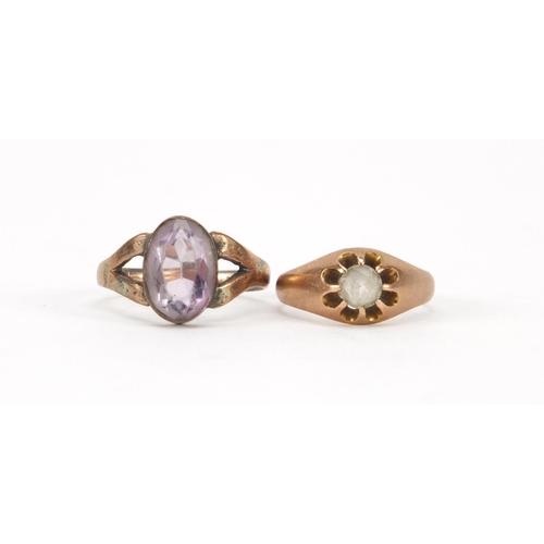 2923 - 9ct gold amethyst ring and 9ct gold cubic zirconia ring, sizes L and N, approximate weight 5.7g
