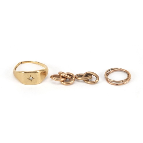3048 - 9ct gold diamond signet ring, pair of 9ct gold hoop earrings and loose 9ct gold links, approximate w... 