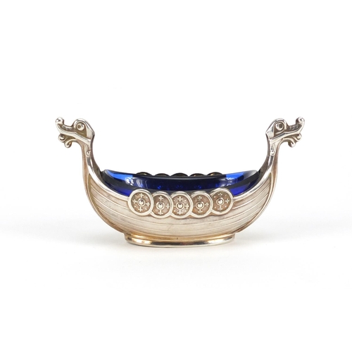 2859 - Norwegian silver open salt in the form of a Viking longboat, with blue glass liner and embossed view... 