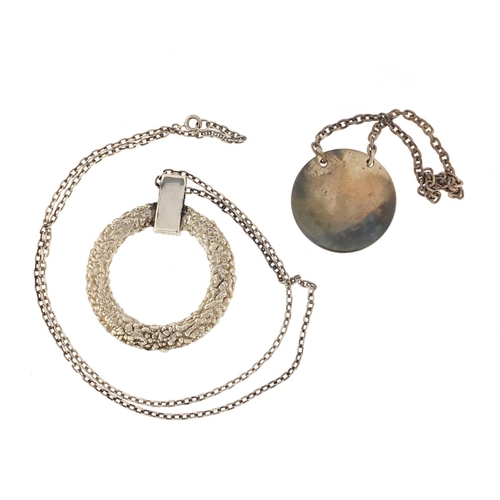 3038 - Designer silver pendant on chain and a silver sherry decanter label, by W I Broadway & Co, approxima... 