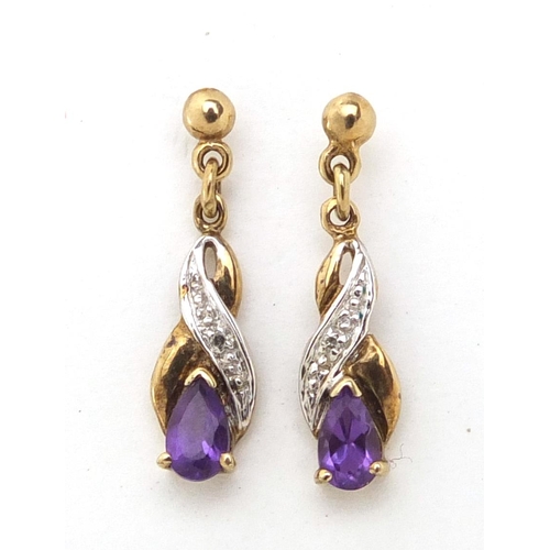 3030 - Pair of 9ct gold amethyst and diamond earrings, 1.8cm in length, approximate weight 1.1g
