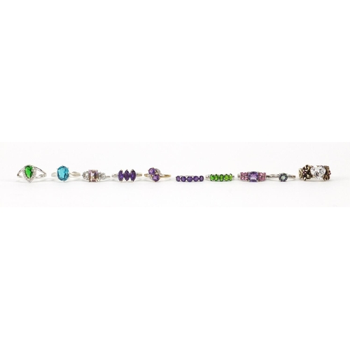 3036 - Ten silver semi precious stone rings, various sizes, approximate weight 28.8g