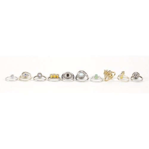 3061 - Ten silver semi precious stone rings, various sizes, approximate weight 26.9g