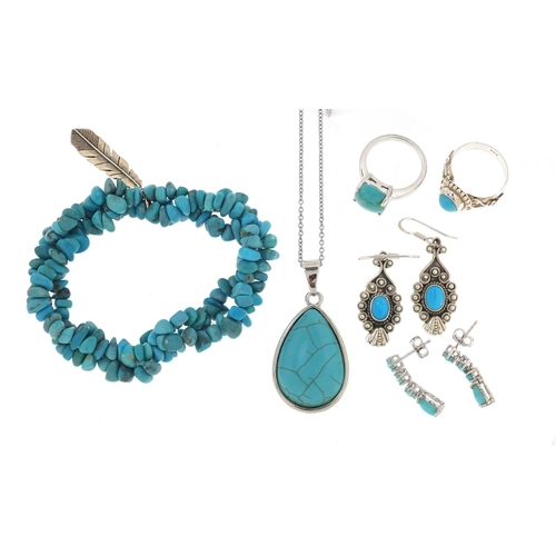 3044 - Silver an turquoise jewellery comprising bracelet, two rings, two pairs of earrings and pendant on c... 