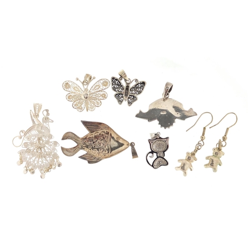 3056 - Silver animal pendants and earrings including fish, teddy bears and butterflies, the largest 5.5cm i... 