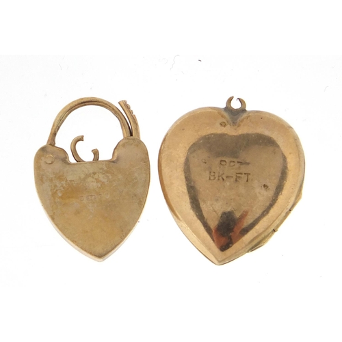 2919 - 9ct gold pink stone ring, 9ct gold love heart padlock and a gold back and front locket, approximate ... 